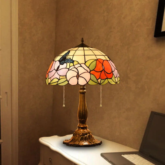 Bronze Stained Glass Tiffany Table Lamp with Pull Chain - Hemispherical Design