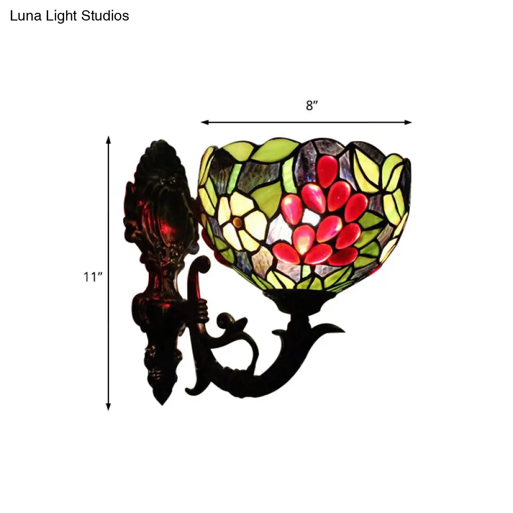 Bronze Stained Glass Wall Sconce for Bedroom - Loft Style 1-Light Bowl Wall Lighting
