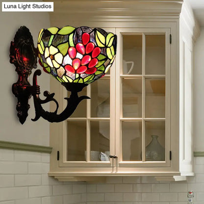 Bronze Stained Glass Wall Sconce for Bedroom - Loft Style 1-Light Bowl Wall Lighting