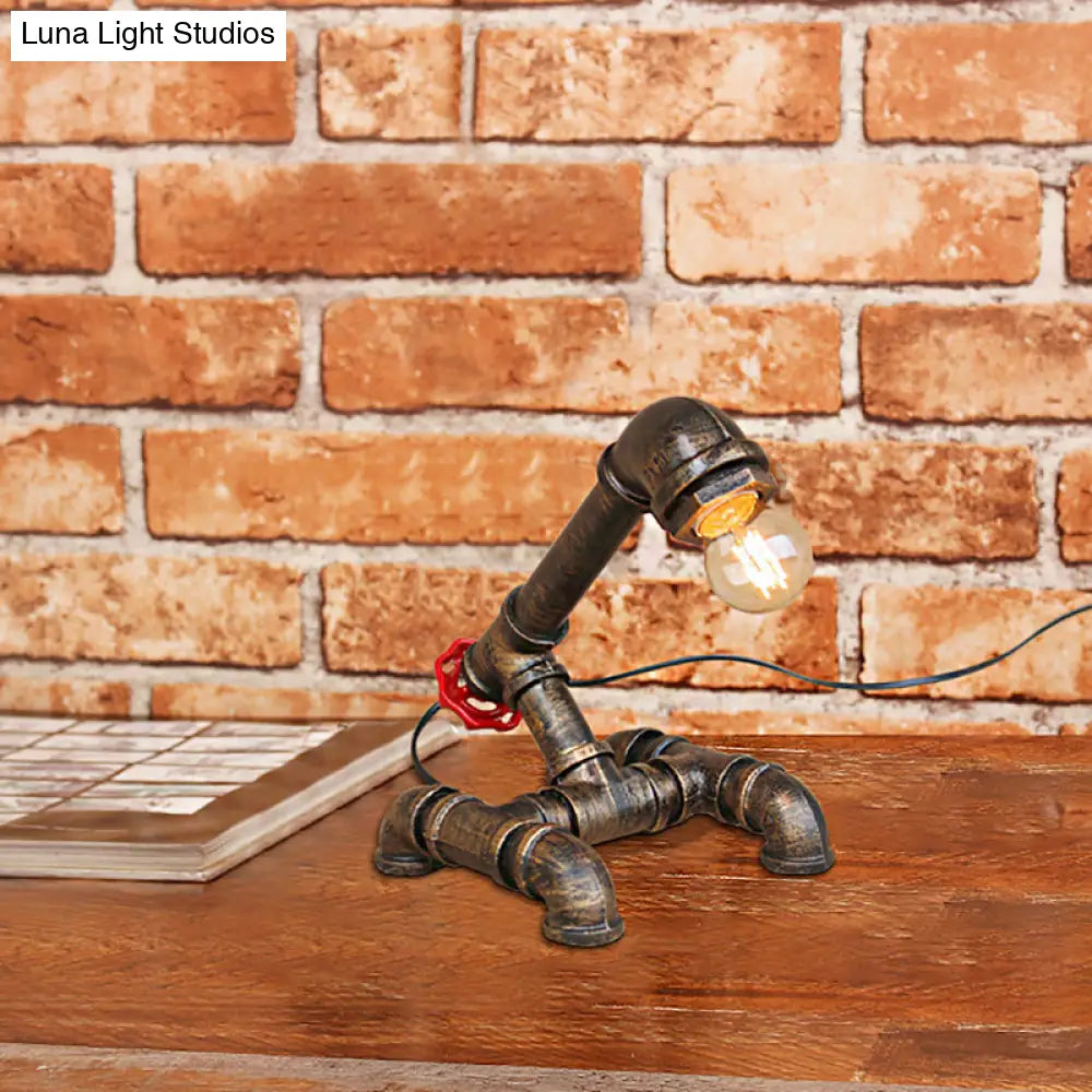 Bronze Steampunk Exposed Bulb Table Light with Pipe-Like Base - 1 Head Wrought Iron Standing Lamp