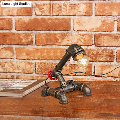 Bronze Steampunk Exposed Bulb Table Light with Pipe-Like Base - 1 Head Wrought Iron Standing Lamp
