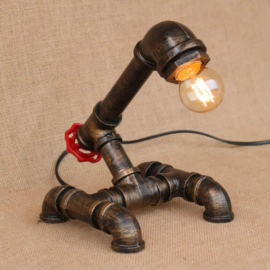Bronze Steampunk Exposed Bulb Table Light with Pipe-Like Base - 1 Head Wrought Iron Standing Lamp