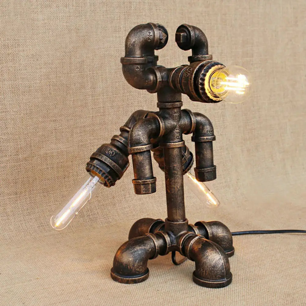 Bronze Steampunk Exposed Bulb Table Light with Pipe-Like Base - 1 Head Wrought Iron Standing Lamp