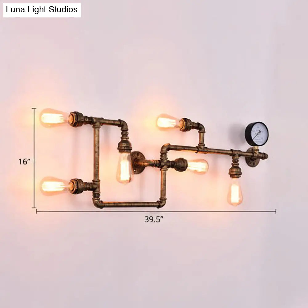 Bronze Steampunk Maze Wall Sconce Light with Wrought Iron and Gauge Detailing