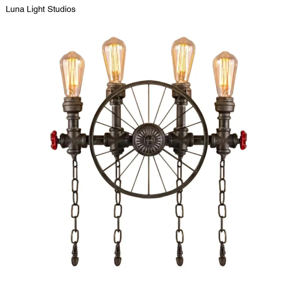 DecorBites™ Bronze Steampunk Wall Sconce with Chain and Valve - 2/4-Head Iron Light Fixture