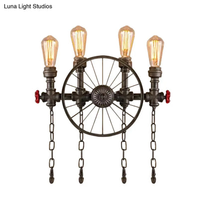 DecorBites™ Bronze Steampunk Wall Sconce with Chain and Valve - 2/4-Head Iron Light Fixture