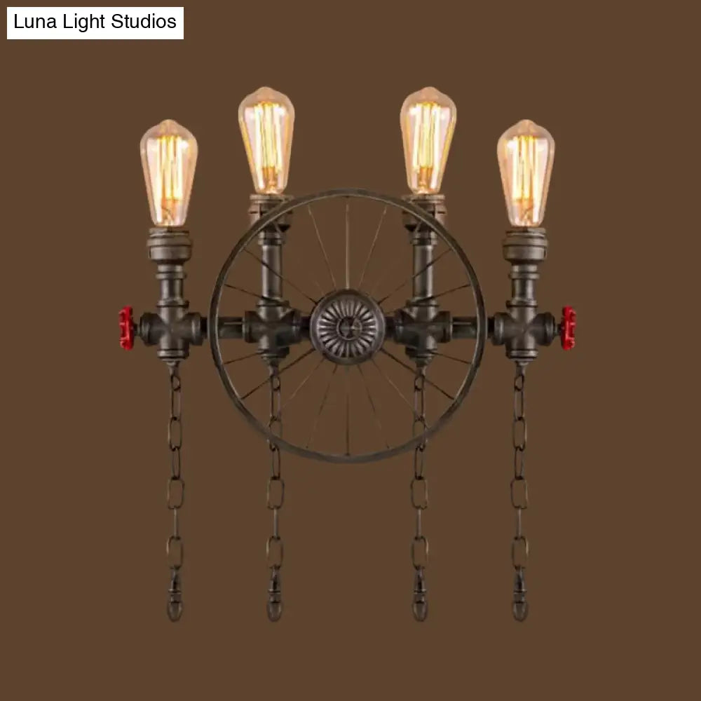 DecorBites™ Bronze Steampunk Wall Sconce with Chain and Valve - 2/4-Head Iron Light Fixture