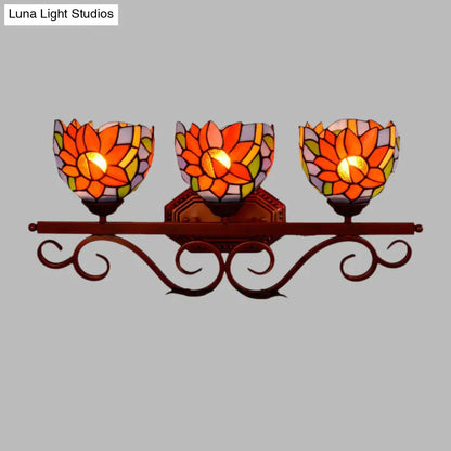 Bronze Swirling Arm Tiffany Dome Sunflower Stained Glass Sconce - 3-Light Wall Lighting Fixture