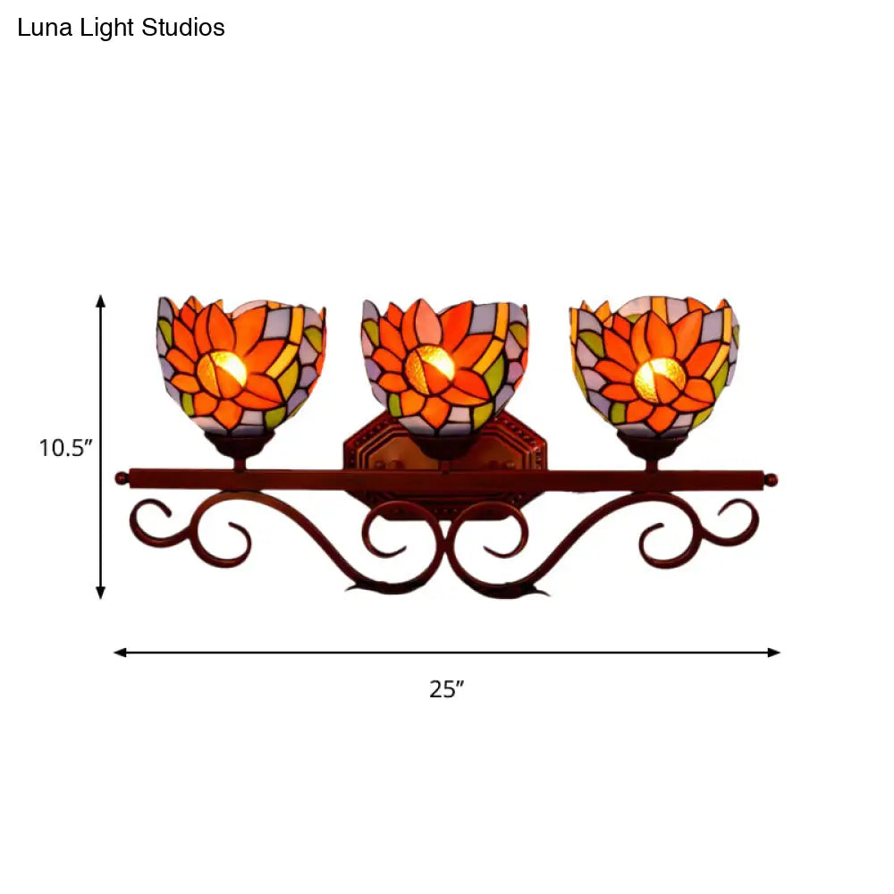 Bronze Swirling Arm Tiffany Dome Sunflower Stained Glass Sconce - 3-Light Wall Lighting Fixture
