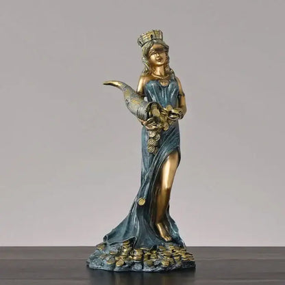 Bronze and teal resin statue of greek wealth goddess fortuna in an elegant gown holding a horn on a coin base for decor