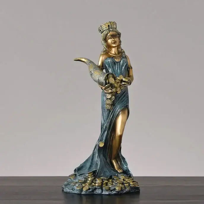 Bronze and teal resin statue of greek wealth goddess fortuna in an elegant gown holding a horn on a coin base for decor
