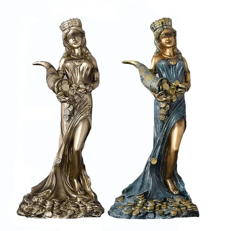 Two metallic figurines of greek wealth goddess fortuna in bronze and teal gold patina for living room decor