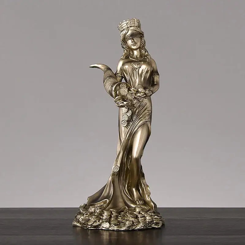 Bronze colored metallic greek wealth goddess fortuna figurine holding scales and horn with coins base for living room decor