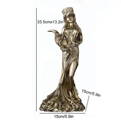 Bronze and teal greek wealth goddess fortuna figurine in flowing robes holding cornucopia on coin-adorned base for decor