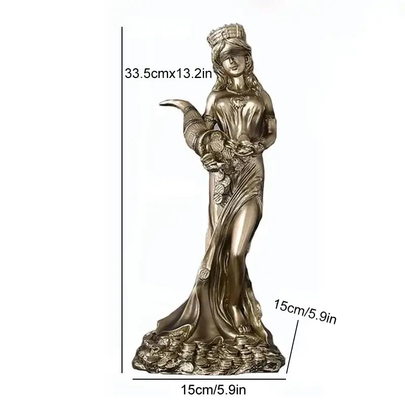 Bronze and teal greek wealth goddess fortuna figurine in flowing robes holding cornucopia on coin-adorned base for decor