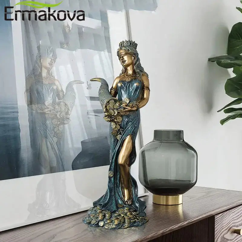 Ermakova figurine of the greek wealth goddess fortuna with blue and gold resin finish for living room decor