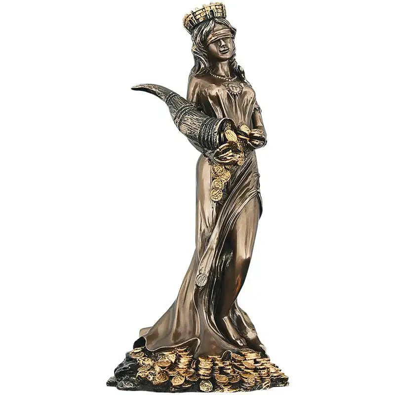 Bronze and teal greek wealth goddess figurine of a blindfolded crowned woman holding coins and a horn for living room decor