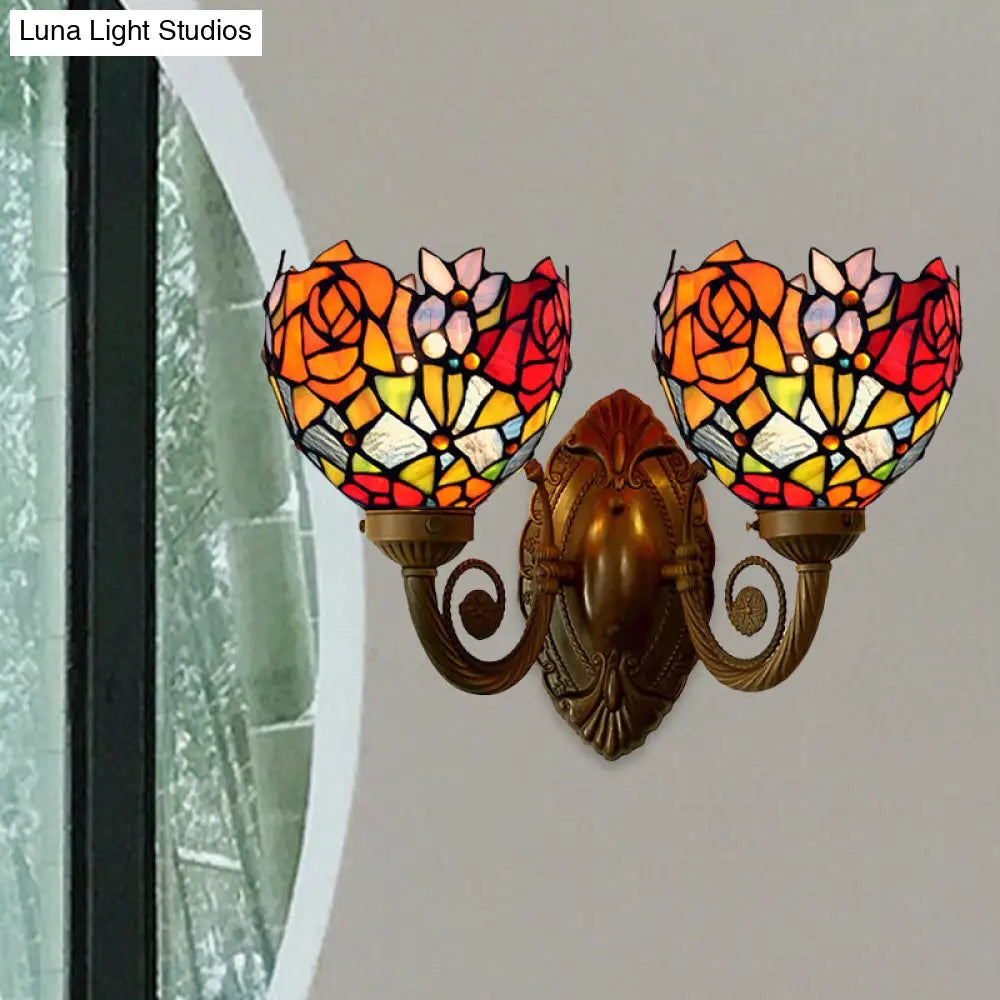 Bronze Tiffany Rose Stained Glass Wall Sconce with Bowl Shade - 2-Light Wall Lamp