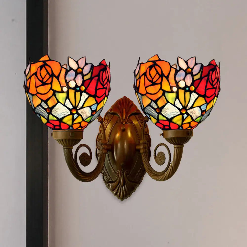 Bronze Tiffany Rose Stained Glass Wall Sconce with Bowl Shade - 2-Light Wall Lamp
