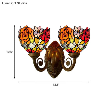 Bronze Tiffany Rose Stained Glass Wall Sconce with Bowl Shade - 2-Light Wall Lamp