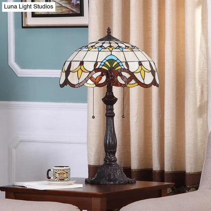 Bronze Tiffany Stained Glass Table Lamp with 2 Grain Pattern Heads and Pull Chain Switch