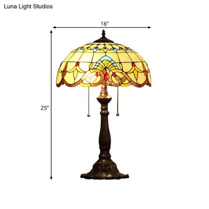 Bronze Tiffany Stained Glass Table Lamp with 2 Grain Pattern Heads and Pull Chain Switch