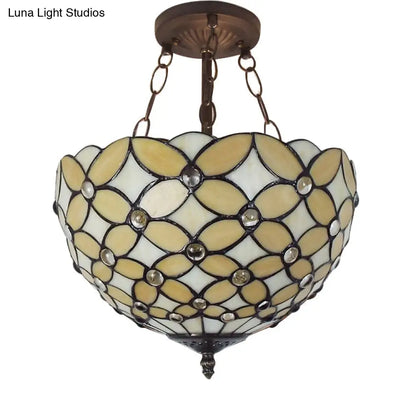 Bronze Tiffany Style 3-Light Ceiling Fixture - Semi Flush Mount for Bedroom with Chain and Rod, H8" x D12