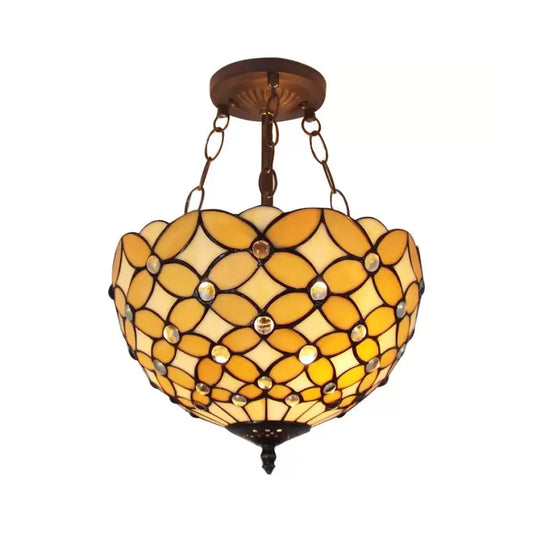 Bronze Tiffany Style 3-Light Ceiling Fixture - Semi Flush Mount for Bedroom with Chain and Rod, H8" x D12