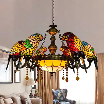 Bronze Tiffany Style Stained Glass Chandelier: Parrots Shade, 9 Lights, Amber Crystal Decoration - Perfect for Dining Room Ceiling