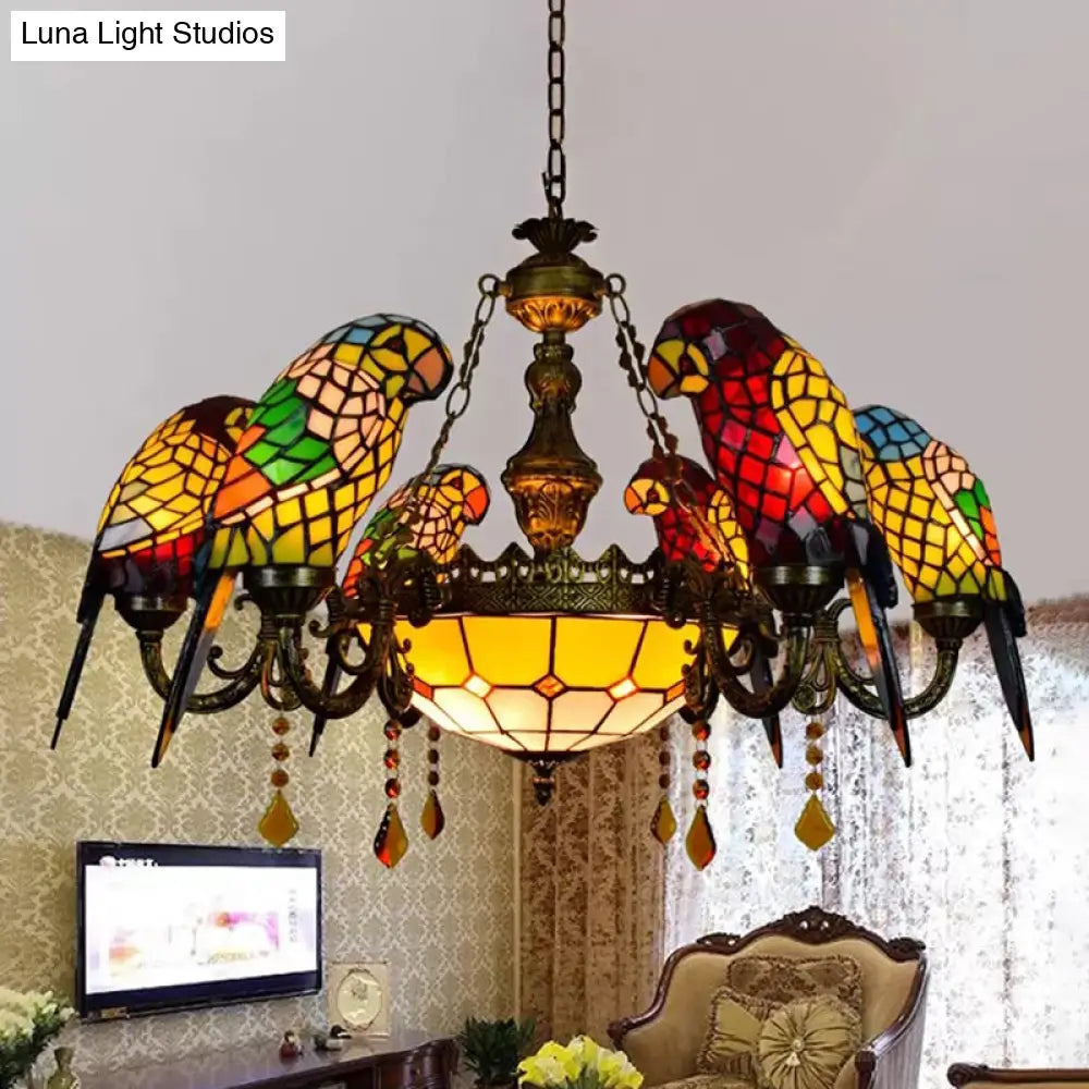Bronze Tiffany Style Stained Glass Chandelier: Parrots Shade, 9 Lights, Amber Crystal Decoration - Perfect for Dining Room Ceiling