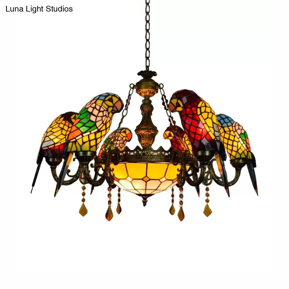 Bronze Tiffany Style Stained Glass Chandelier: Parrots Shade, 9 Lights, Amber Crystal Decoration - Perfect for Dining Room Ceiling