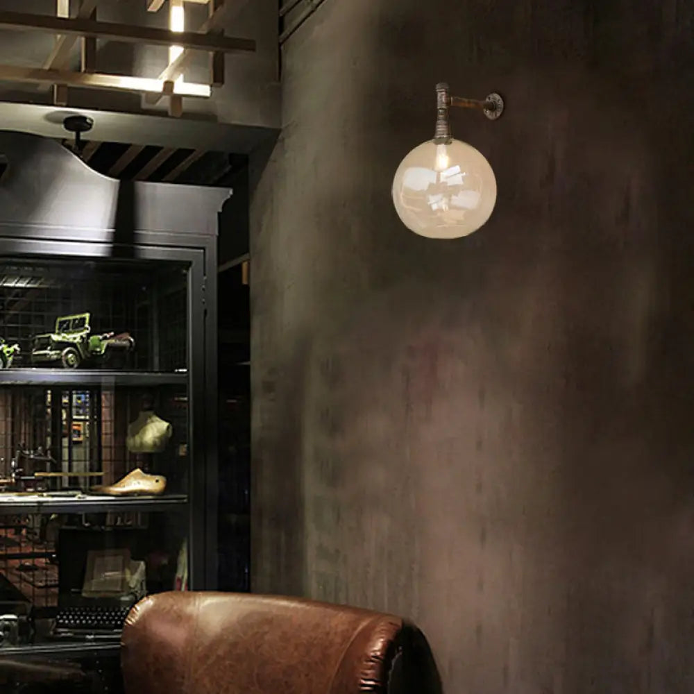 Bronze Wall Mount with Glass Shade - Antique Style Light Fixture with Wrought Iron Pipe - 1 Head, 8"/12" Wide