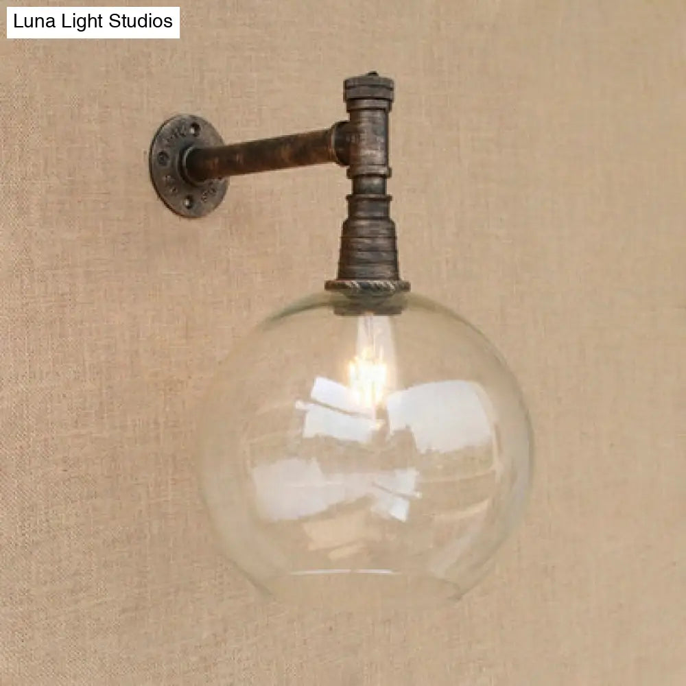 Bronze Wall Mount with Glass Shade - Antique Style Light Fixture with Wrought Iron Pipe - 1 Head, 8"/12" Wide