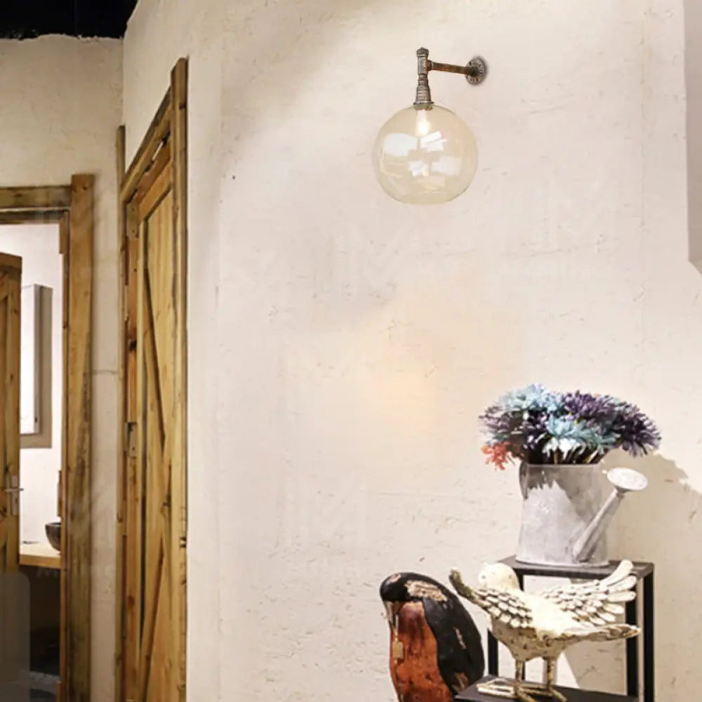 Bronze Wall Mount with Glass Shade - Antique Style Light Fixture with Wrought Iron Pipe - 1 Head, 8"/12" Wide