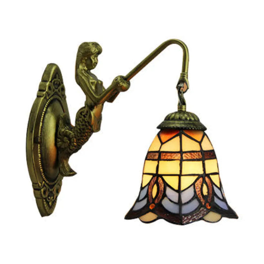 Bronze Wall Mounted Bell Stained Glass Sconce - Baroque Design with Mermaid Backplate - 1 Head and 6"/8" Wide