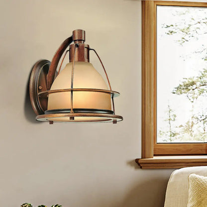 Bronze Wall Mounted Sconce - 1 Light Warehouse Lighting with Frosted Glass Dome and Metal Frame