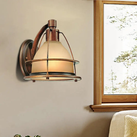 Bronze Wall Mounted Sconce - 1 Light Warehouse Lighting with Frosted Glass Dome and Metal Frame