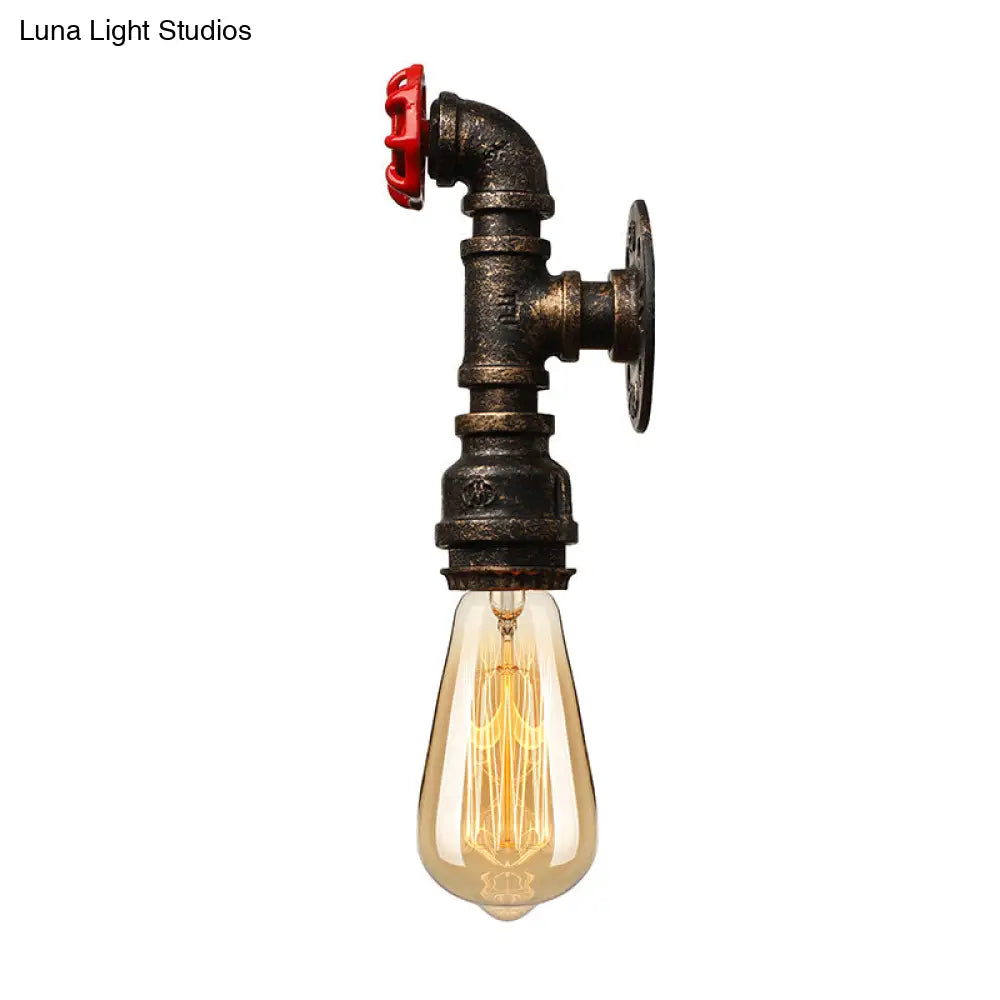 Bronze Water Pipe Wall Sconce Light: Farmhouse Style with Red Valve