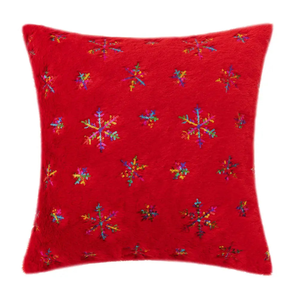 Red plush throw pillow with colorful sequined snowflake patterns featuring bronzed feather style design for living room decor