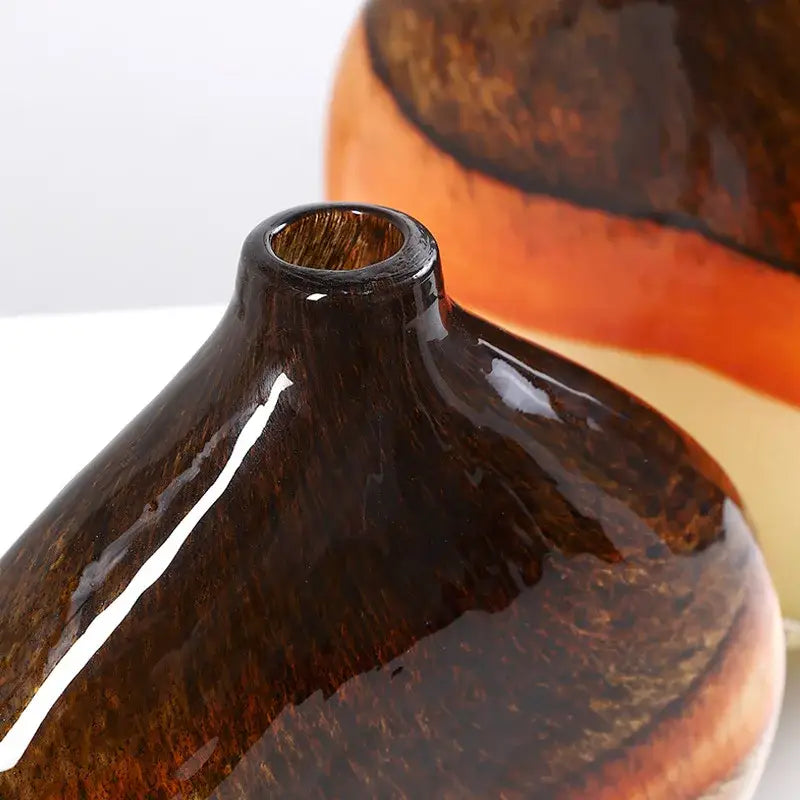 A glossy amber-brown ceramic gradient glass vase with a narrow neck for home decor and decorbites gradient glass collections
