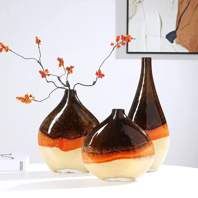 Three glossy ceramic vases with a brown and cream gradient glaze perfect for home decor and decorbites gradient glass vase collections
