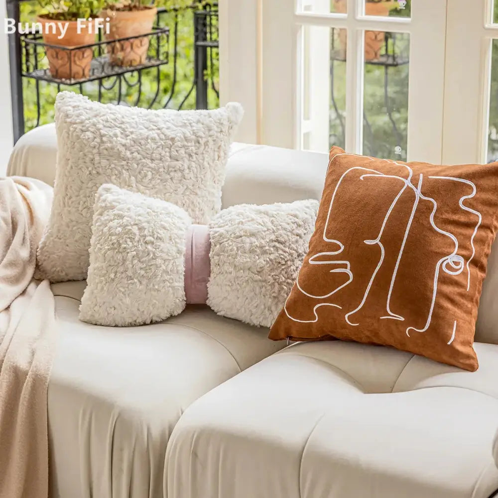 Brown velvet plush cushion cover with white geometric embroidery for living room decor