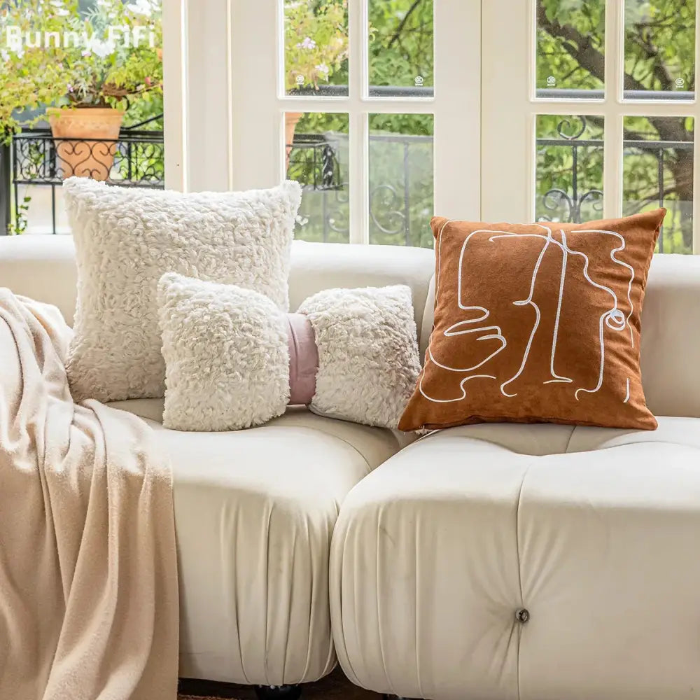 Brown velvet plush cushion cover with white geometric embroidery for living room decor
