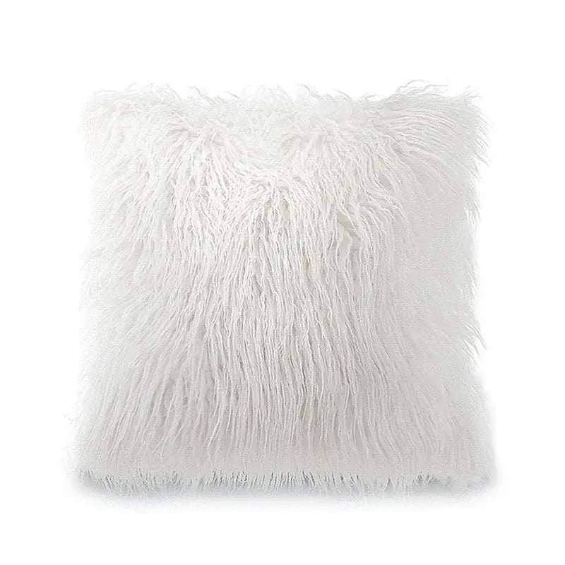 White plush cushion cover with long soft faux fur strands and slightly frayed edges for living room decor