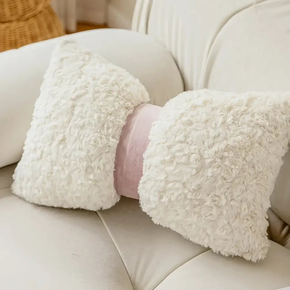 Cream-colored plush cushion cover with soft pink band and brown white geometric embroidery for living room decor
