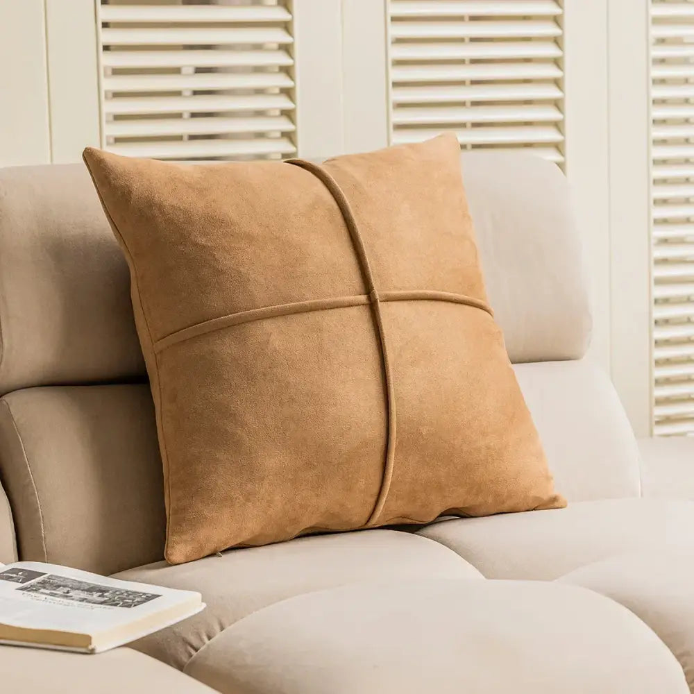 Tan suede throw pillow with brown and white geometric embroidery plush cushion cover for living room decor
