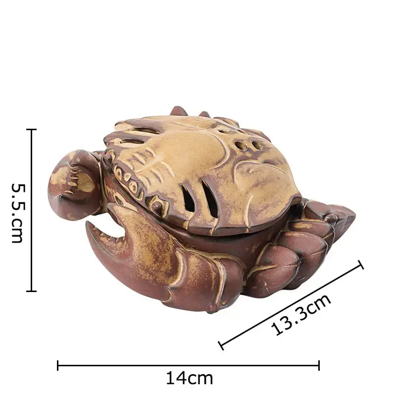 Antique-style ceramic incense burner crab figurine with detailed carvings and two-tone brown and gold finish