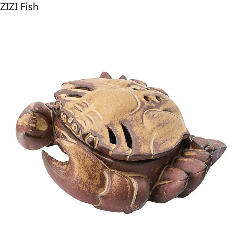Antique-style ceramic incense burner shaped like a brown and beige crab with a gold glaze for living room aromatherapy