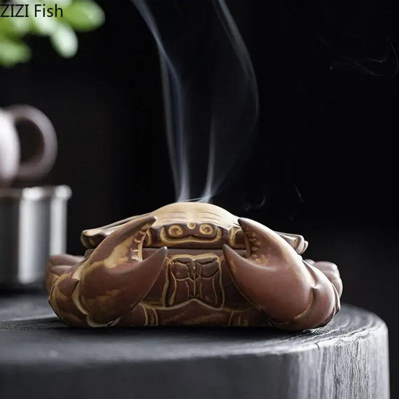 Brown and beige ceramic incense burner shaped like a crab with gold patterns and a glossy finish for living room aromatherapy