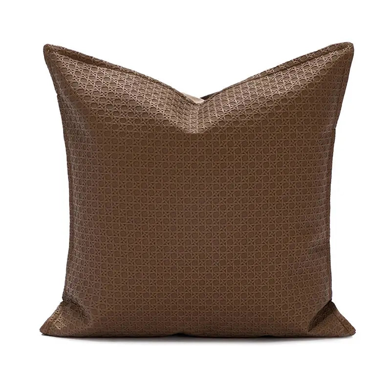 Brown and beige faux leather cushion cover 45x45cm with subtle geometric woven pattern for living room decorbites decor